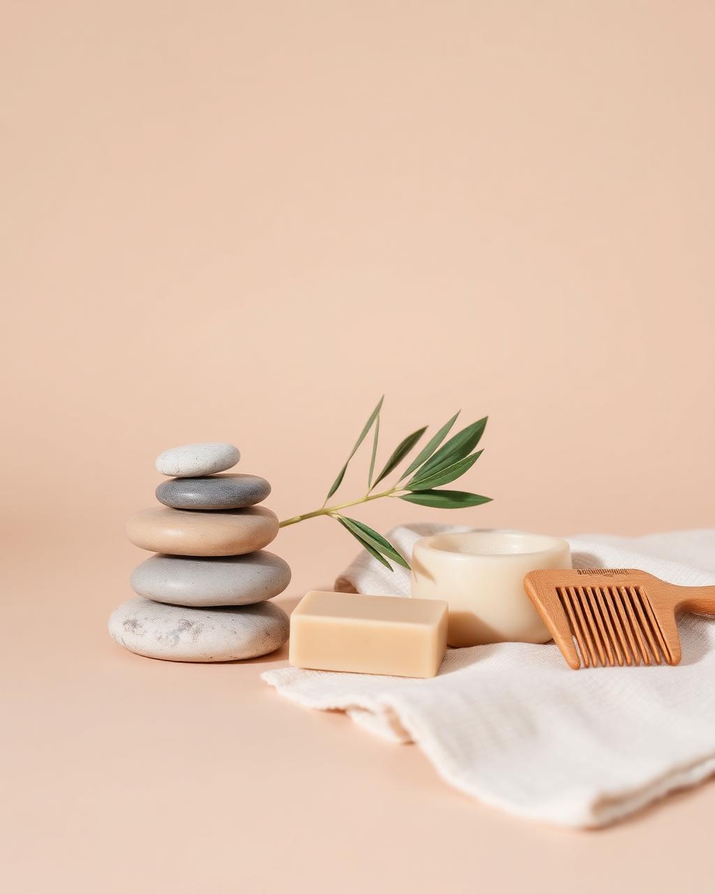 Wellness still life — river stones, olive branch, natural soap and linen